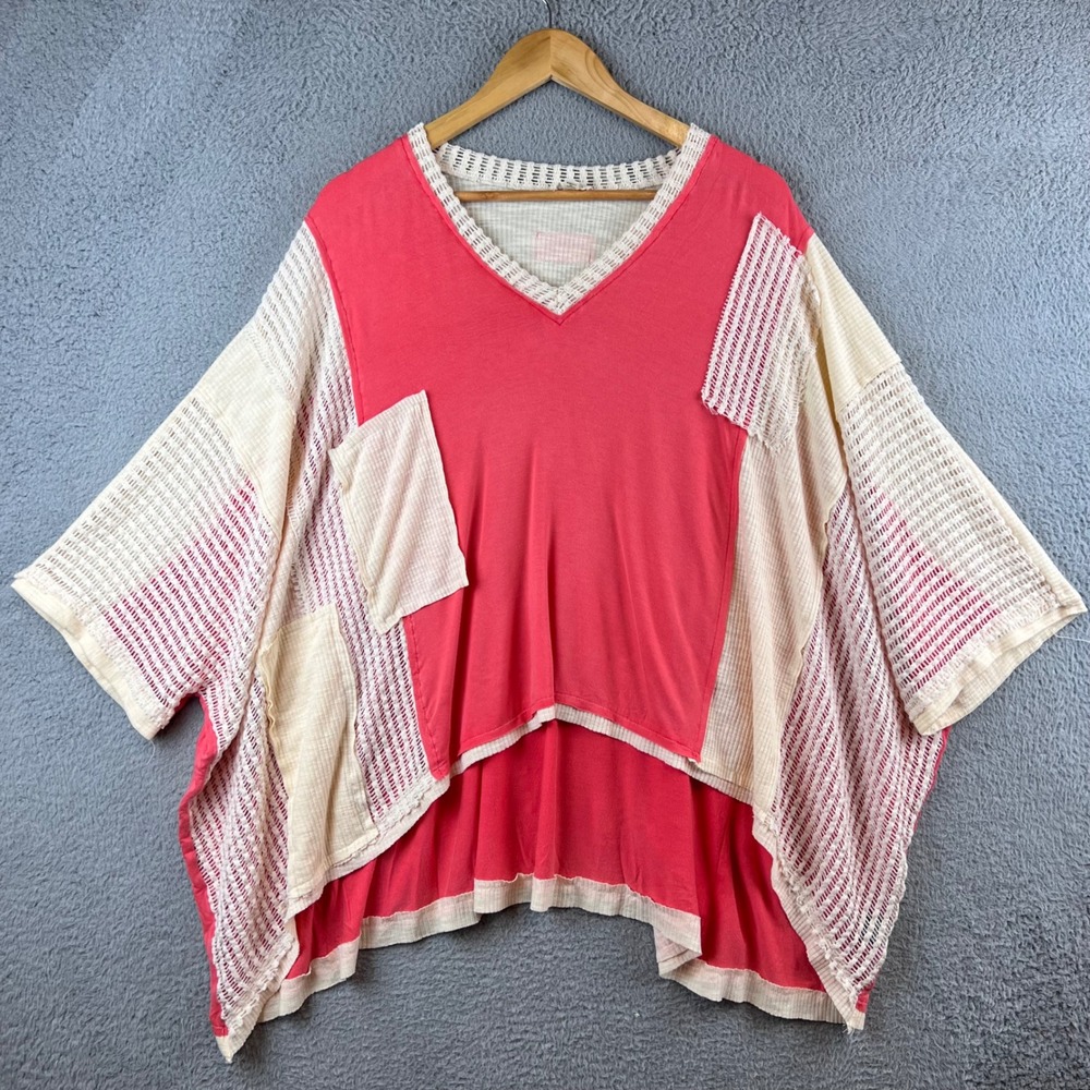 POL Crochet Trimmed Coral Pink Poncho Top Flowy High Low Hem Size Small